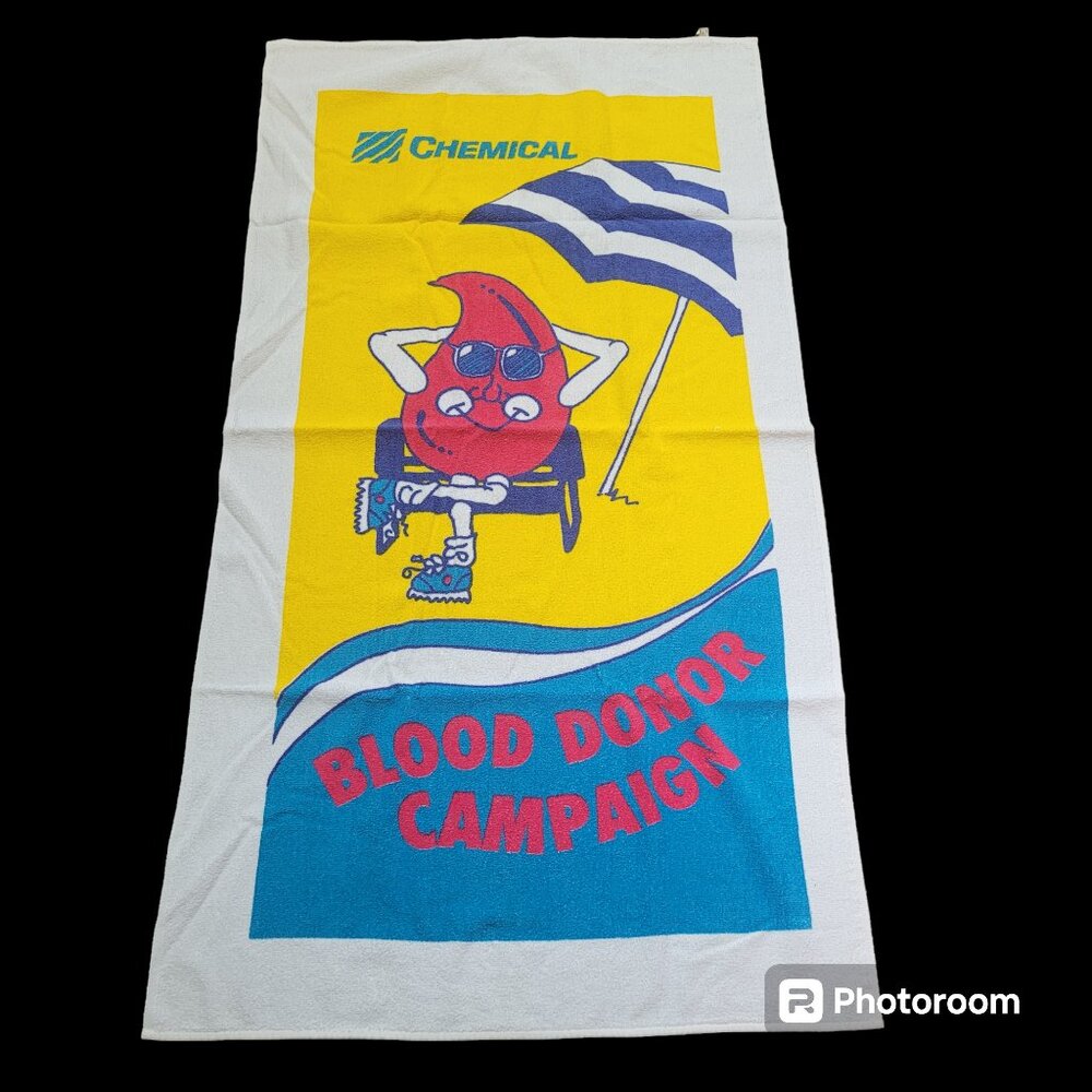 Vintage Beach Towel Red Cross Chemical Bank Blood Donation Giveaway Made USA